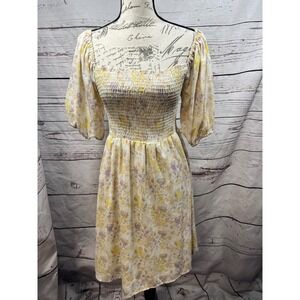 Gilli Yellow Lavender Floral Smocked Puff Sleeve Mini Dress CD9633 Small